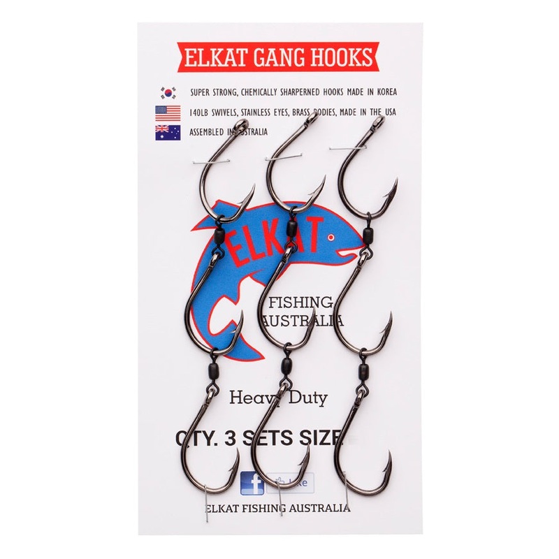Elkat Heavy Duty Pre Ganged Korean Swivel Gang Hook Sets 10/0