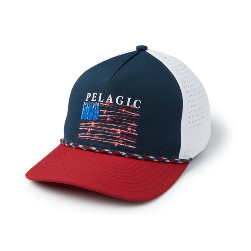 Pelagic Upswell Reel Flag Mid Crown Trucker Hat Red White Blue