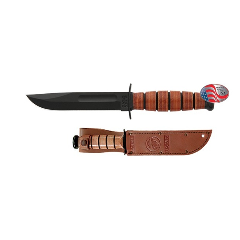 Ka-Bar KB1250 USMC Short Knife with Brown Leather Sheath Straight Edge