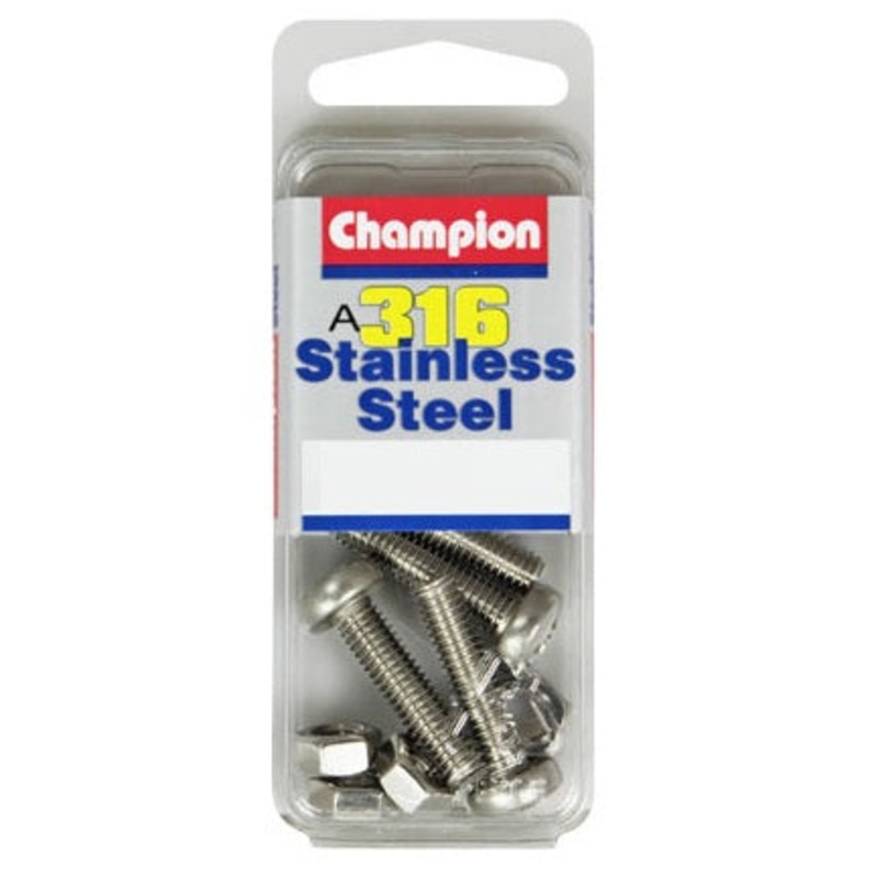 Champion Stainless Steel 316 Machine Pan Head Screw and Nut – 6mm 25mm