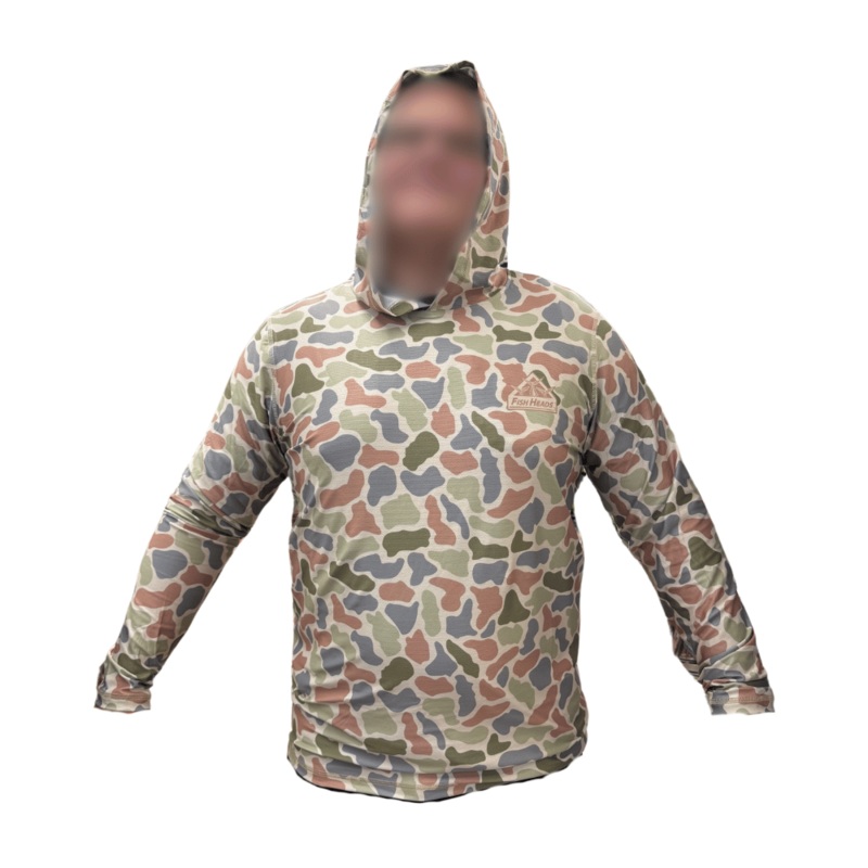Fish Heads Triple Tuna Tail Long Sleeve Hooded Performance Shirt Duck Camo Tan MD