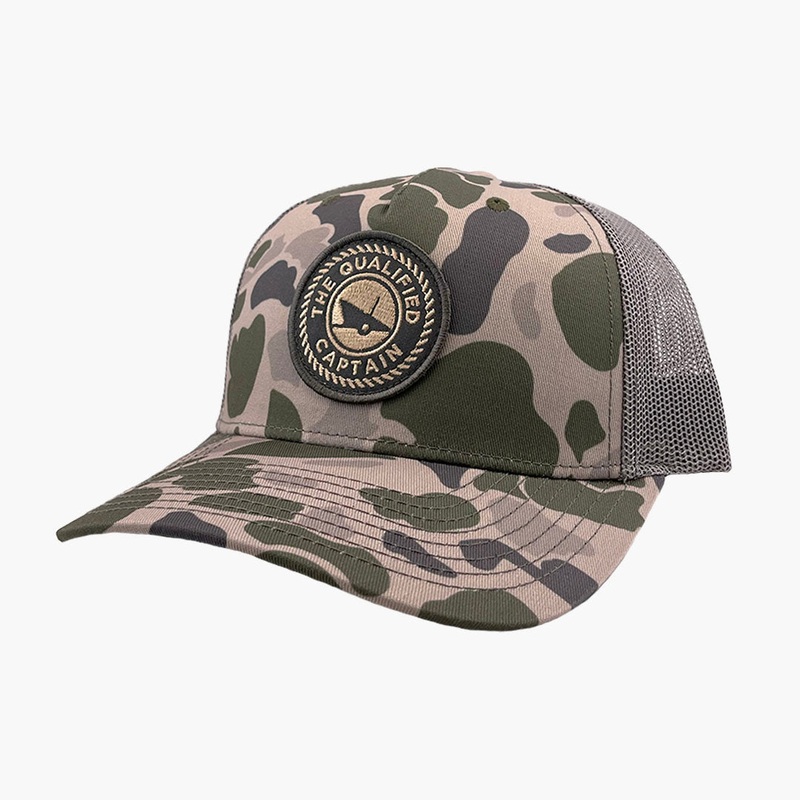 The Qualified Captain Embroidered Patch Trucker Hat Duck Camo Marsh