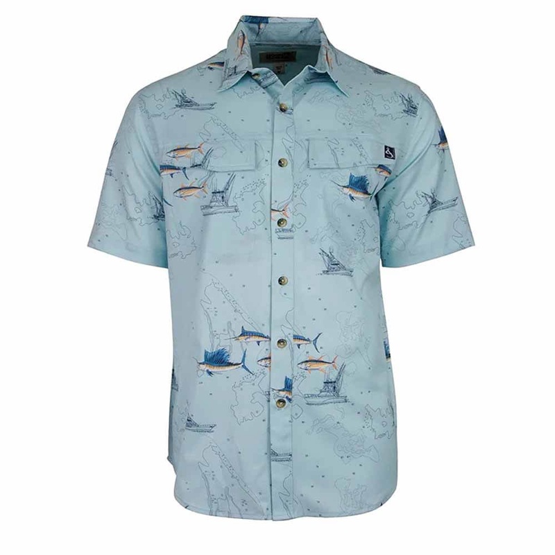 Hook & Tackle Marine Charts Sky Blue Button Down Shirt LARGE
