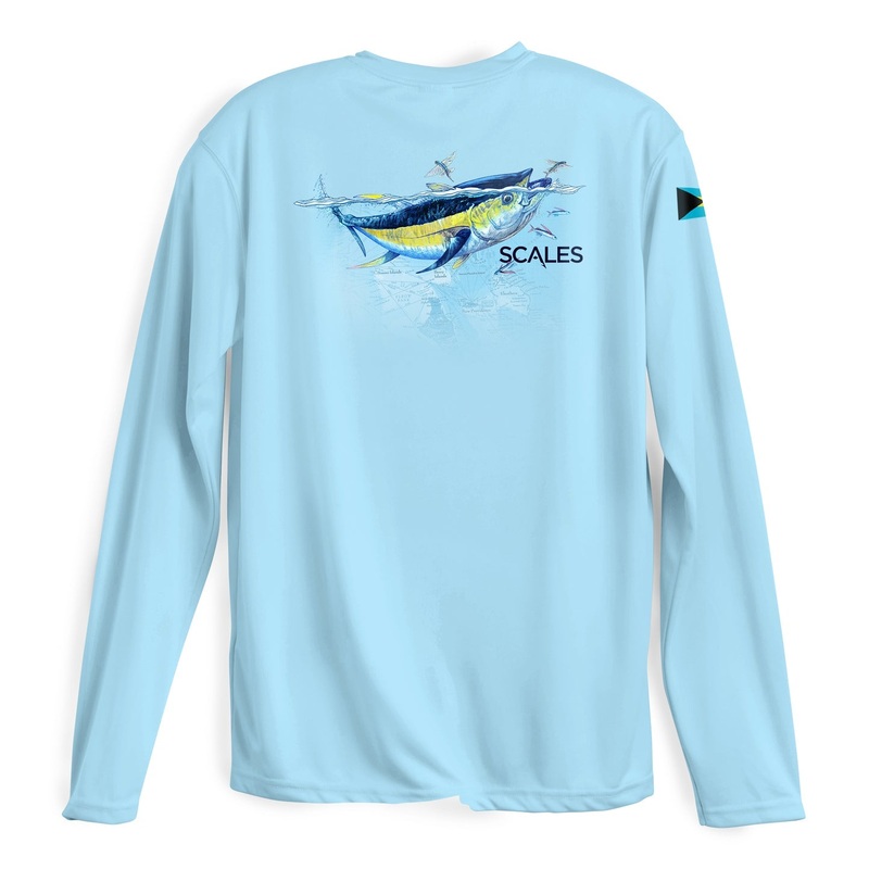 SCALES Men’s Tuna Frenzy Long Sleeve Performance Shirt Light Blue Small
