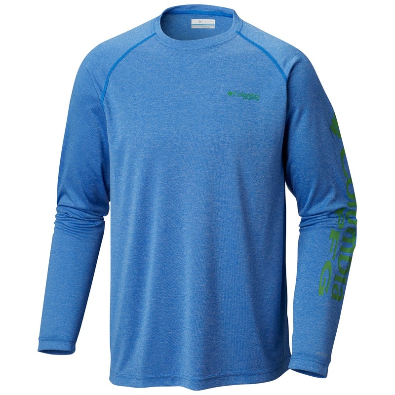 Columbia PFG Terminal Tackle Heather Long Sleeve Mens Shirt Vivid Blue Green Logo Large
