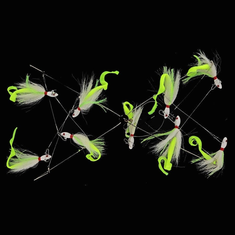 Captain Mack Trolling Umbrella Rig Bucktail Jigs with Cahrtreuse Trailer 4 Arm 3oz 9 Baits 14 Total Ounces
